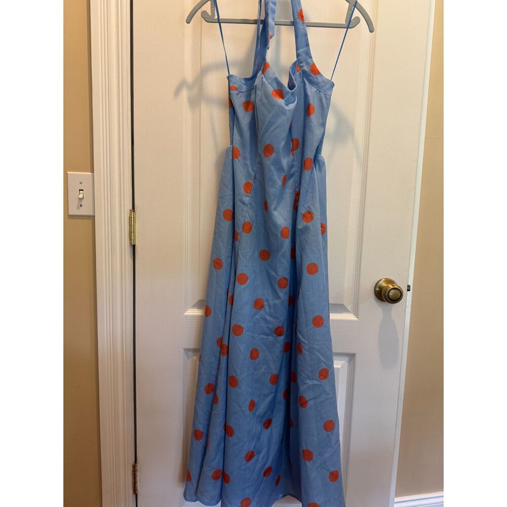 Flying Tomato NWOT Sky Blue Orange Polka Dot Halter Midi Dress - Size Small